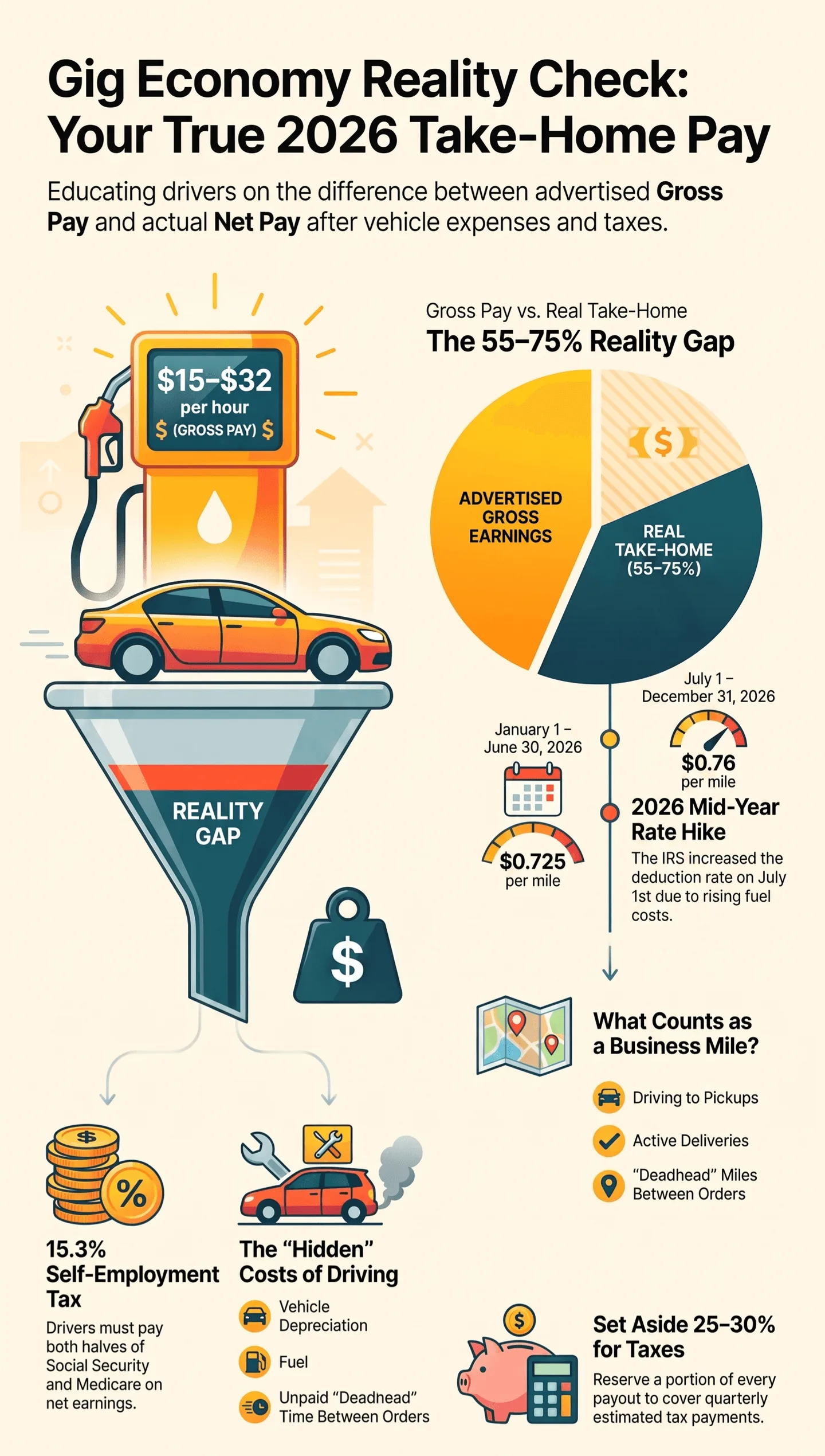 DoorDash, Uber Eats, Instacart: Real Hourly Pay After Gas and Taxes Infographic about gig economy true take‑home pay in 2026, comparing advertised gross income versus real net income for ride‑share drivers, explaining self‑employment tax, vehicle driving costs and IRS business mileage deduction