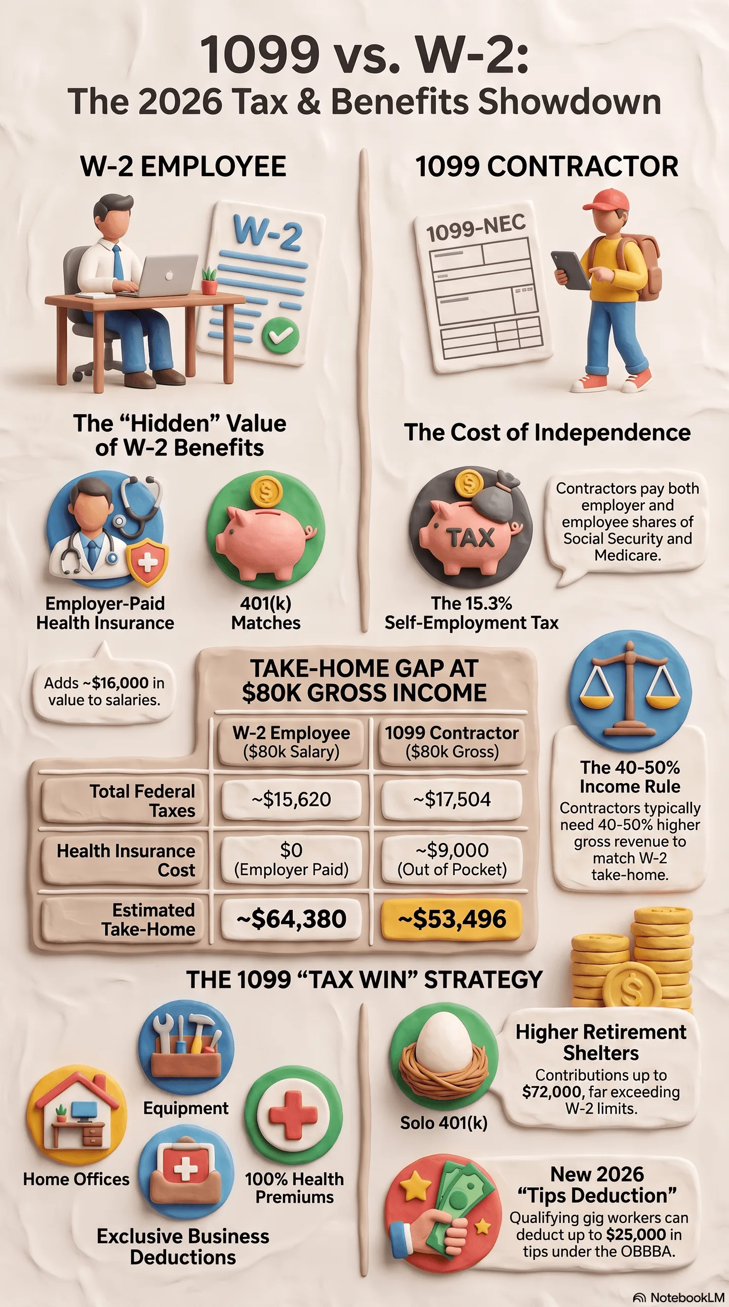 2026_Tax_and_Benefits_Comparison Infographic comparing 1099 independent contractors and W-2 employees for the 2026 tax year, detailing tax differences, benefits, take-home pay gaps at an $80K gross income, and 1099 tax-saving write-off strategies.