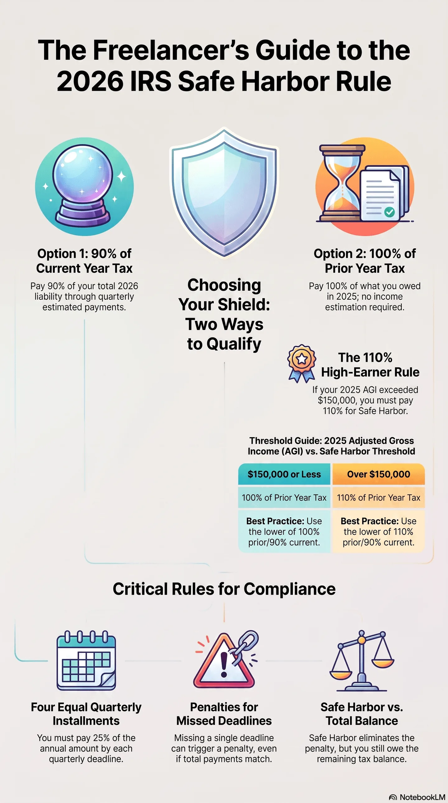 Freelancer_s_2026_Safe_Harbor_Guide Infographic guide for freelancers explaining the 2026 IRS Safe Harbor Rule, covering two qualifying tax payment options, high-earner threshold, quarterly tax installments and compliance penalty rules