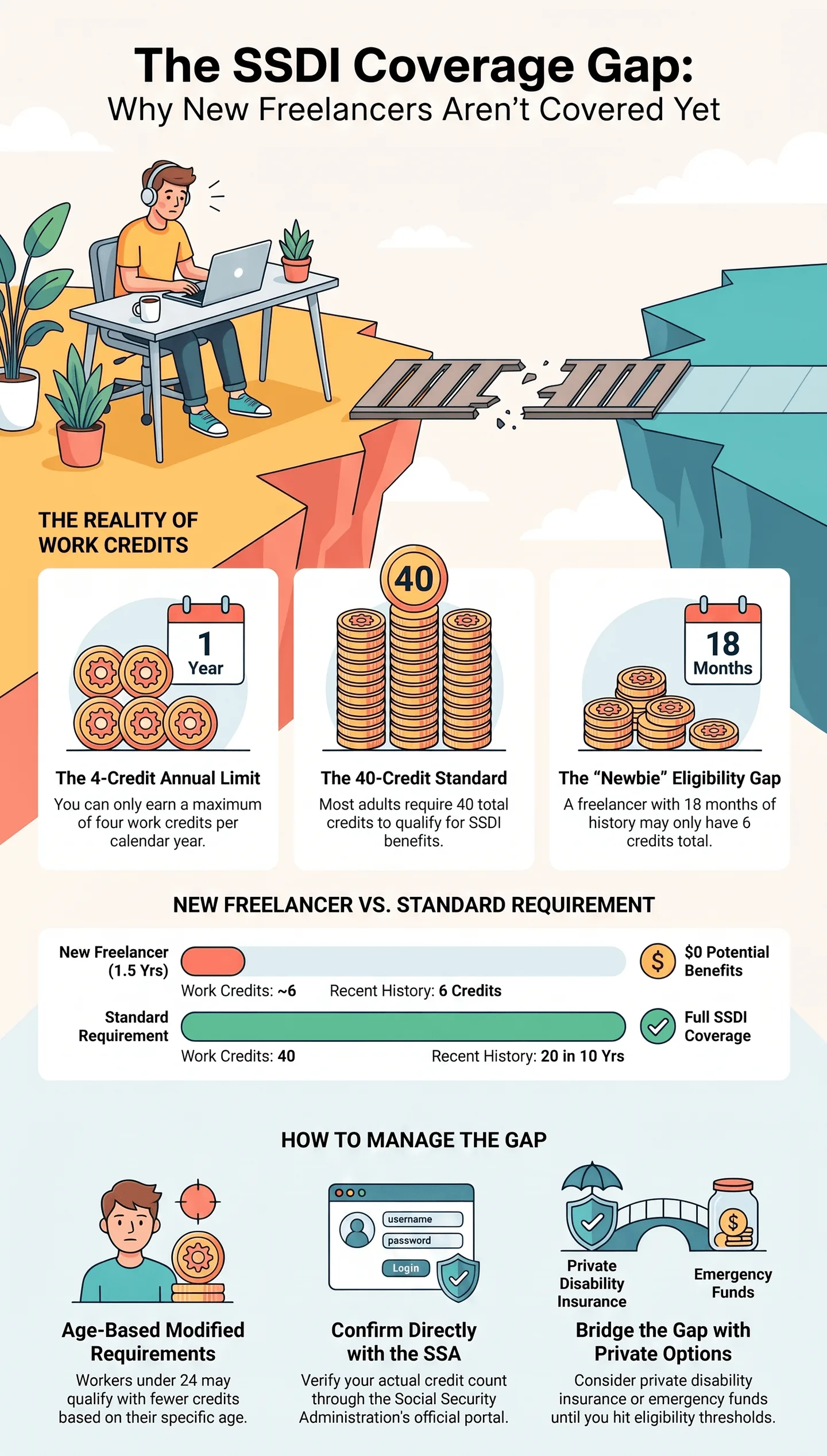Freelancer_SSDI_Coverage_Gap_Guide Infographic titled The SSDI Coverage Gap: Why New Freelancers Aren’t Covered Yet, explaining Social Security Disability Insurance work credit requirements for self-employed freelancers