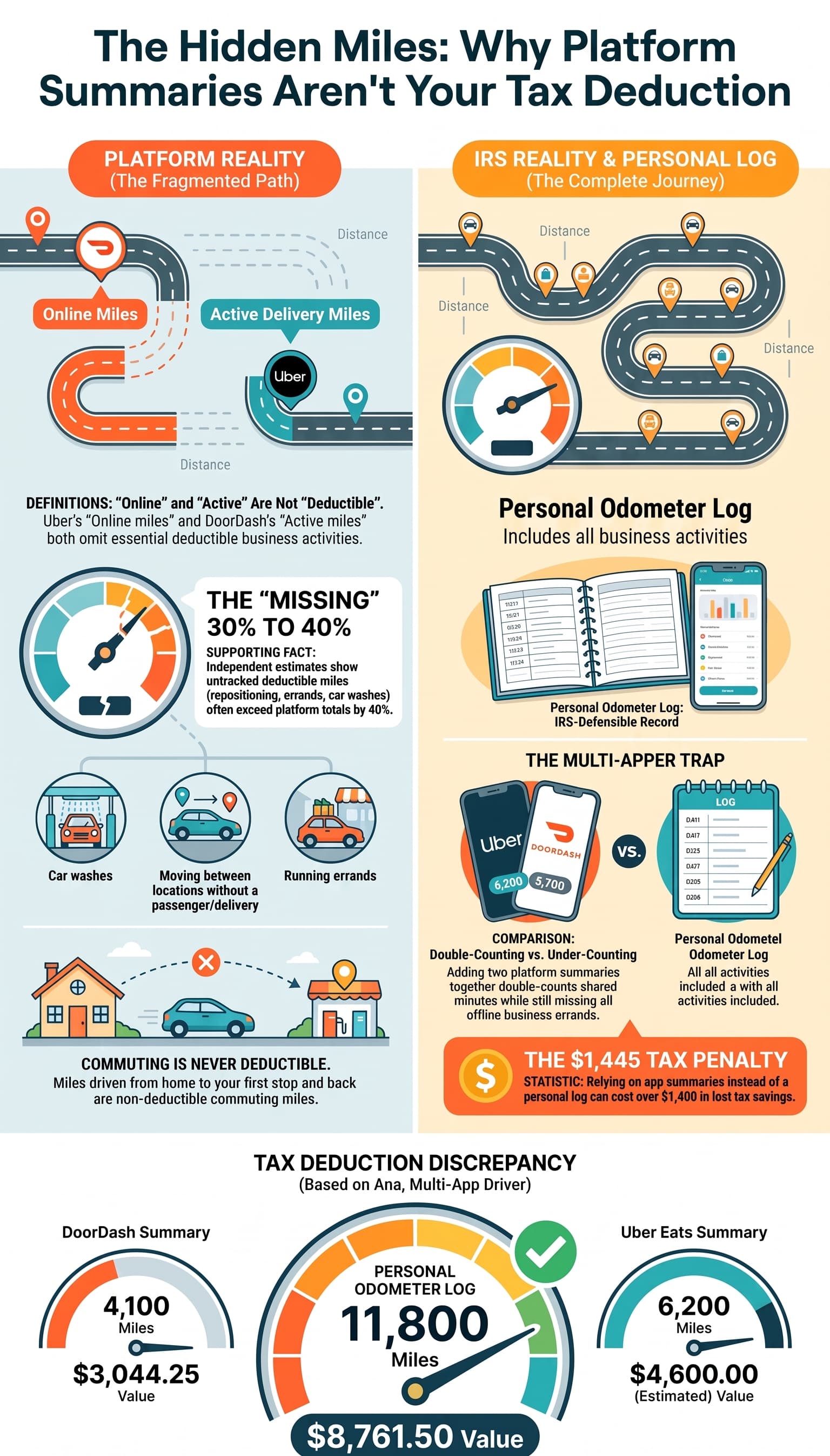 Tax infographic for gig workers: personal odometer log to track deductible business miles for Uber and DoorDash drivers, shows missing mileage for tax write-offs.
