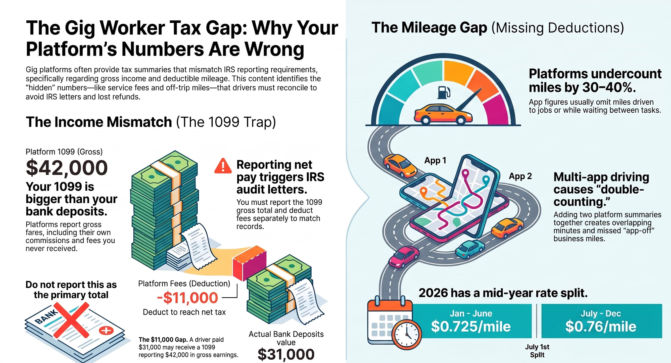 The Gig Worker Tax Kit: Built Around the Number Your Platform Won't Give You Gig worker tax infographic: US 1099 income trap, rideshare mileage deduction gap, 2026 IRS mileage rates, income mismatch between platform 1099 gross income and real bank deposits, IRS audit risk warning.