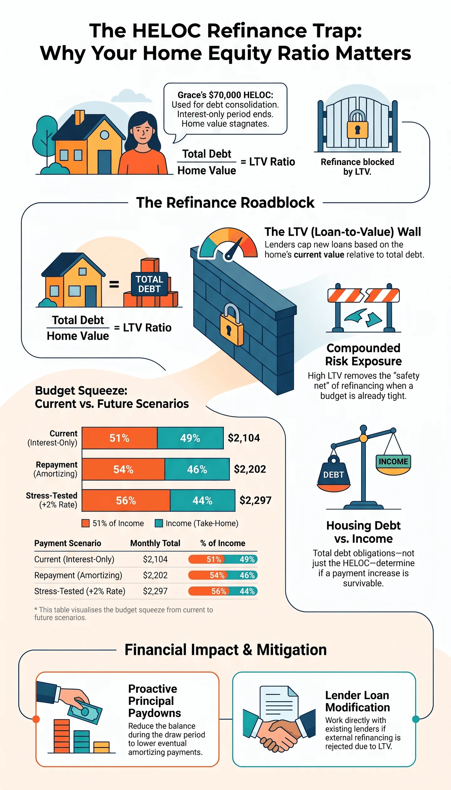 Grace, 38, Used a HELOC to Consolidate Debt — Then Found Out She Couldn't Refinance Her Way Out Alt="Infographic explaining the HELOC refinance trap, illustrating home‑equity loan‑to‑value (LTV) risks, budget squeeze scenarios and financial mitigation strategies"