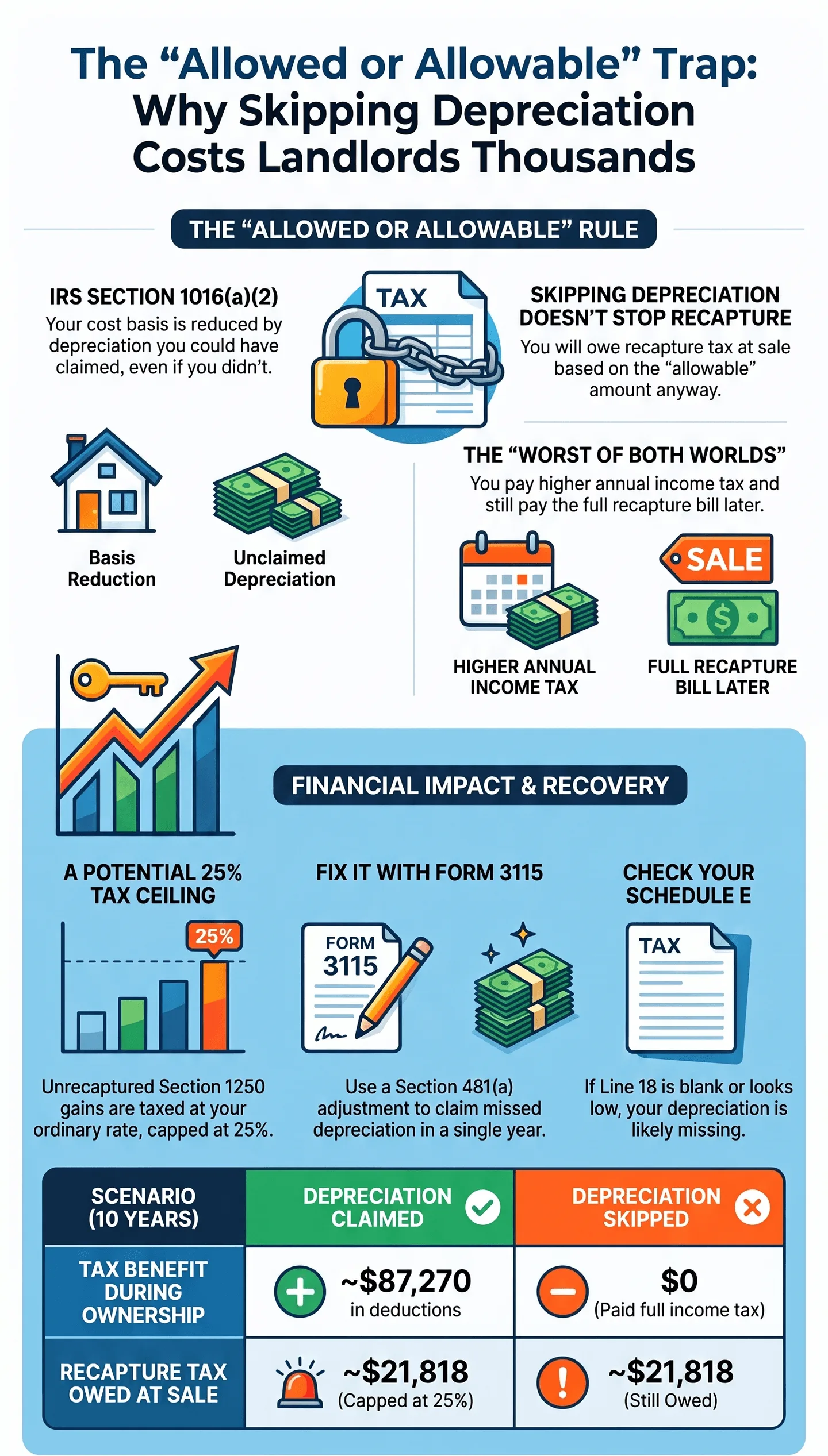 The Depreciation Mistake That Costs Landlords Thousands (Even If You Never Sell) Infographic explaining the IRS "allowed or allowable" depreciation trap for US rental property landlords, covering Section 1016(a)(2), depreciation recapture tax, Form 3115, and side‑by‑side scenario comparison table.