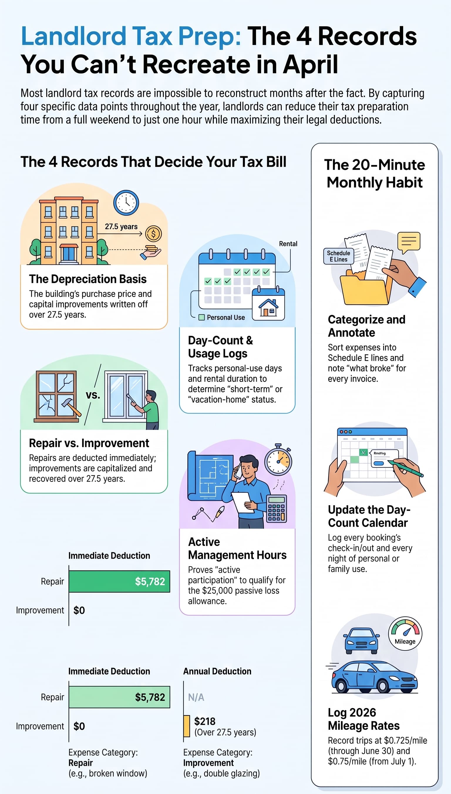 What Landlords Should Be Recording All Year, So Schedule E Takes an Hour Instead of a Weekend Infographic for landlord tax preparation, explaining four critical financial records rental property owners must track year‑round: depreciation basis, day‑count usage logs, repair versus improvement expenses, and active management work hours. Also shows a simple 20‑minute monthly workflow habit for organizing invoices, updating calendars and logging vehicle mileage for tax‑deductible costs. Light‑toned illustrated educational graphic about real‑estate tax deductions for landlords.