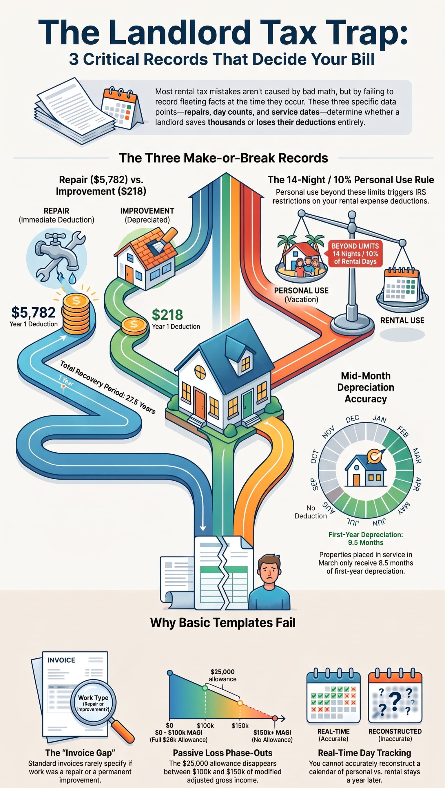 The Landlord Tax Kit: The Three Records That Decide Your Rental Tax Bill "The Landlord Tax Trap": 3 key records for rental‑property taxes: repair vs improvement costs, 14‑night/10% personal‑use rule, mid‑month depreciation, plus pitfalls of basic spreadsheets for landlords.