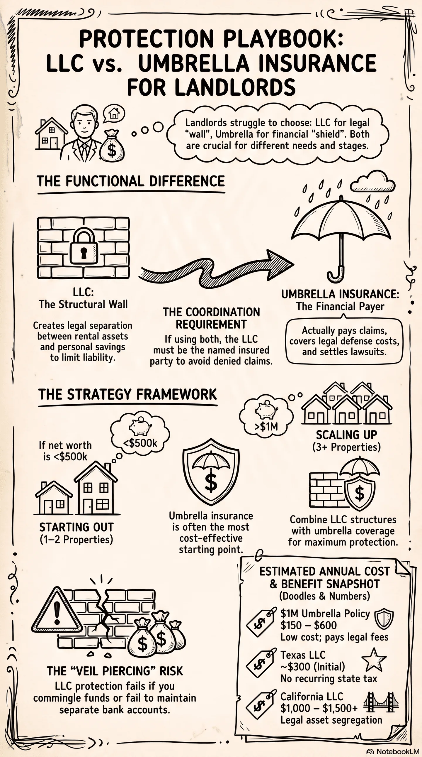 Vintage sketch infographic: Protection Playbook: LLC vs. Umbrella Insurance for Landlords, explaining rental property asset protection, comparison between limited liability companies and umbrella insurance, investment portfolio strategy guide with cost estimates and legal risk notes.