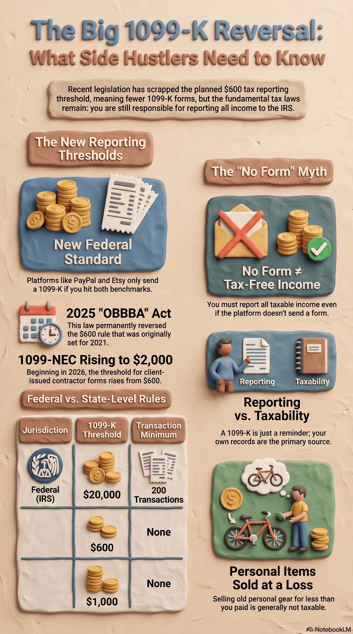 New_1099-K_Tax_Reporting_Rules The Big 1099-K Reversal for side hustlers, detailing new reporting thresholds, federal vs. state tax-level rules, the 'no form' myth, and personal items sold at a loss.