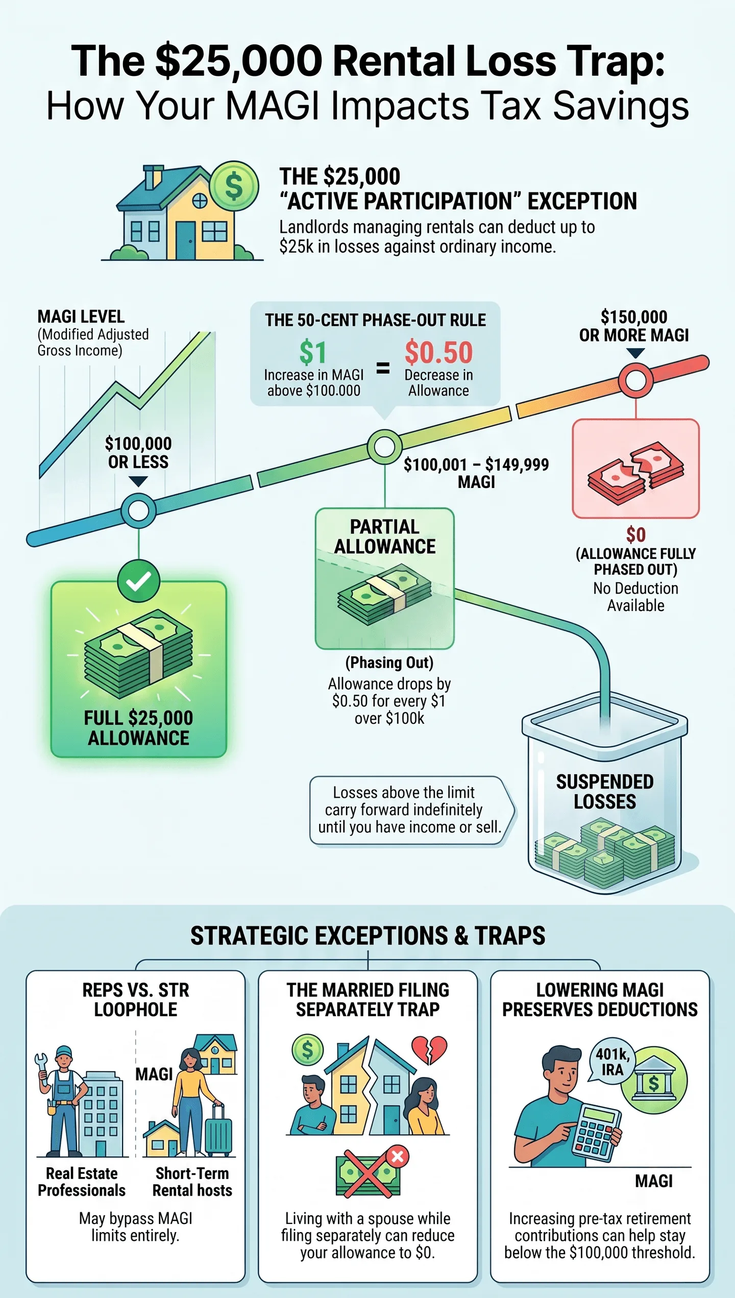 Infographic about the $25000 rental loss tax trap, explaining how MAGI limits real‑estate passive loss deductions, phase‑out rules and suspended losses