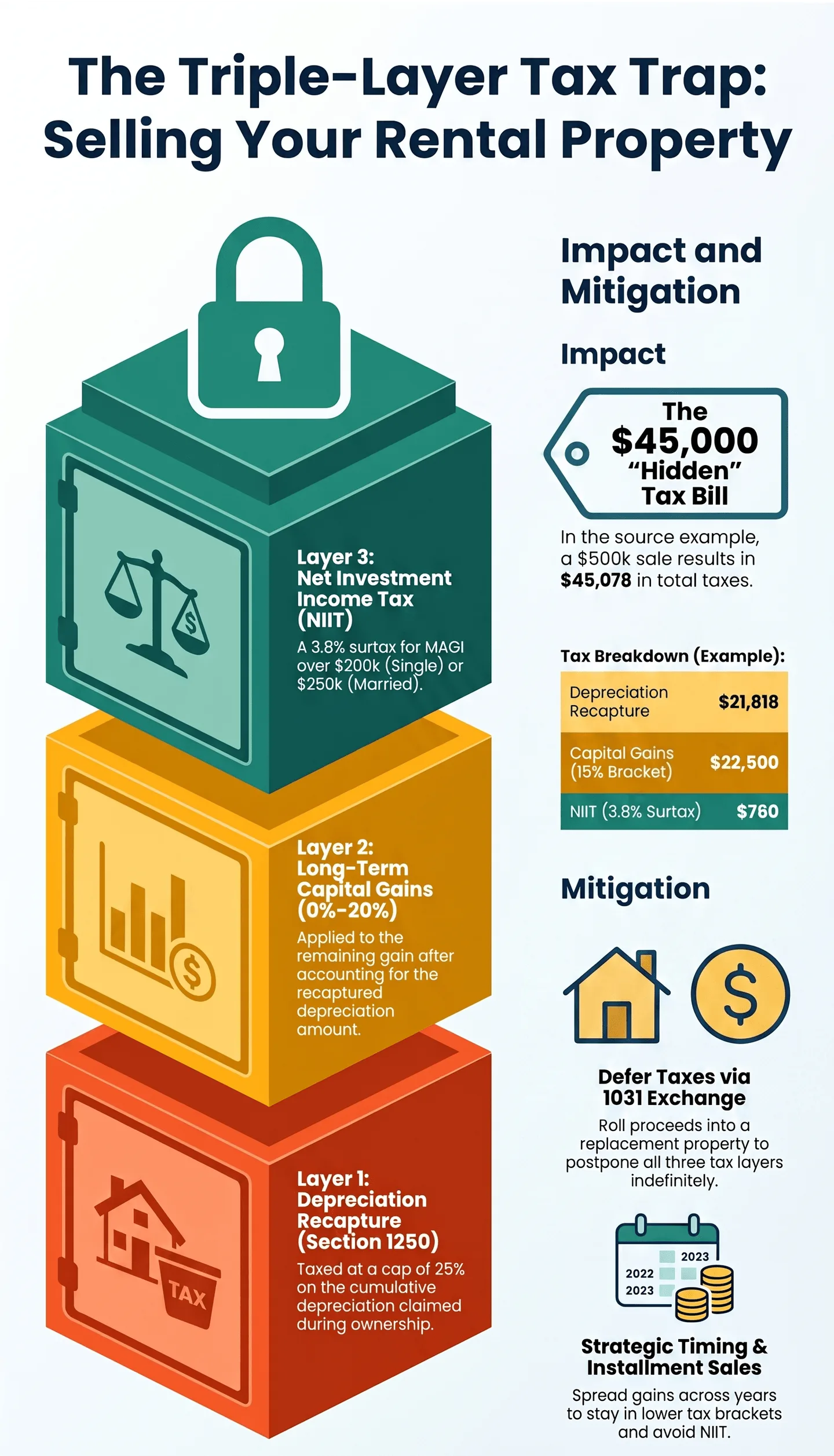 Selling Your Rental? Here's the Tax Bill Most Landlords Don't See Coming Infographic of triple‑layer tax trap when selling US rental property, illustrating depreciation recapture, long‑term capital gains, net investment income tax, tax breakdown example and mitigation strategies including 1031 exchange.