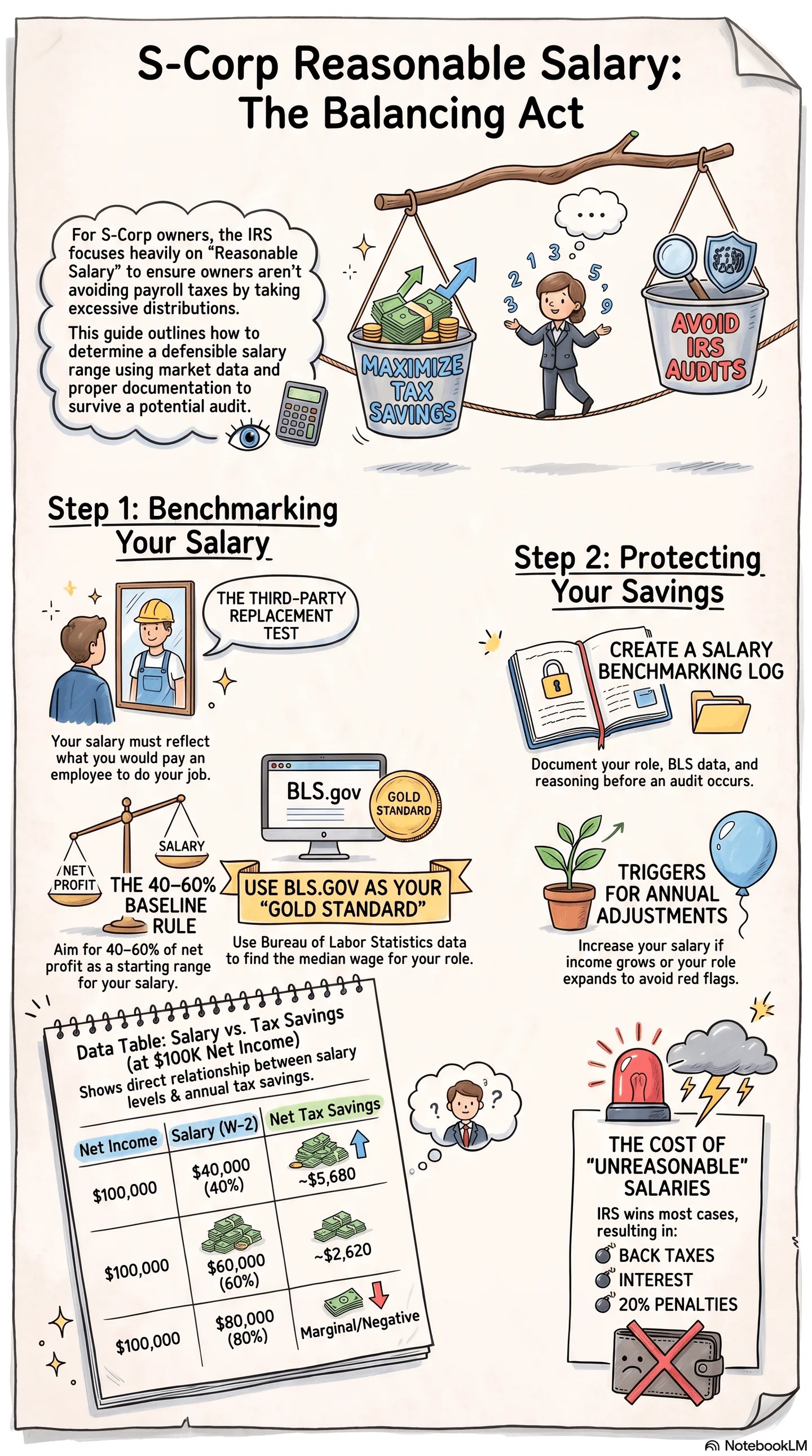 S-Corp_Reasonable_Salary_Balancing_Act Infographic titled S-Corp Reasonable Salary: The Balancing Act, explaining IRS rules for S-Corporation owner compensation, benchmarking salaries with BLS.gov, tax savings strategies and audit risk guidance with balance scale cartoon illustrations
