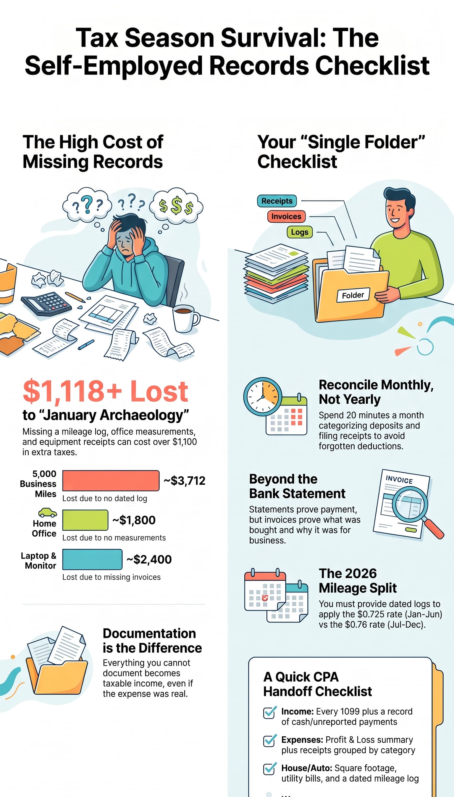 Infographic titled “Tax Season Survival: The Self‑Employed Records Checklist”. Left side: “The High Cost of Missing Records” showing stressed self‑employed worker surrounded by messy paperwork. Text explains “January Archaeology” can cost over $1,118 in extra taxes, with estimated lost‑deduction values for undocumented business miles (~$3,712), home‑office space (~$1,800), and laptop‑monitor equipment (~$2,400). Note: undocumented real expenses count as taxable income. Right side: “Your ‘Single Folder’ Checklist” illustration of organized folder holding receipts, invoices, logs. Advice includes monthly reconciliation instead of annual catch‑up; use invoices alongside bank statements; 2026 split mileage rates ($0.725 Jan‑Jun, $0.76 Jul‑Dec requiring dated logs). Bottom section: “A Quick CPA Handoff Checklist” with checkboxes for income records, categorized expense receipts, home‑office and auto documentation. Cartoon‑style business tax education graphic for freelancers and self‑employed taxpayers.