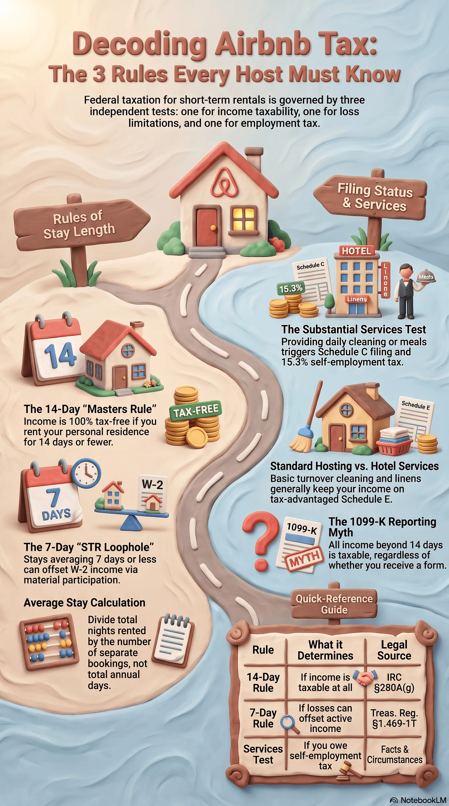An infographic titled ‘Decoding Airbnb Tax: The 3 Rules Every Host Must Know,’ detailing three core tax rules for short-term rental hosts. The graphic includes sections on rules of stay length (the 14-day Masters Rule, the 7-day STR loophole, average stay calculation), filing status and services (the Substantial Services Test, the 1099-K reporting myth), and a quick-reference guide table at the bottom.