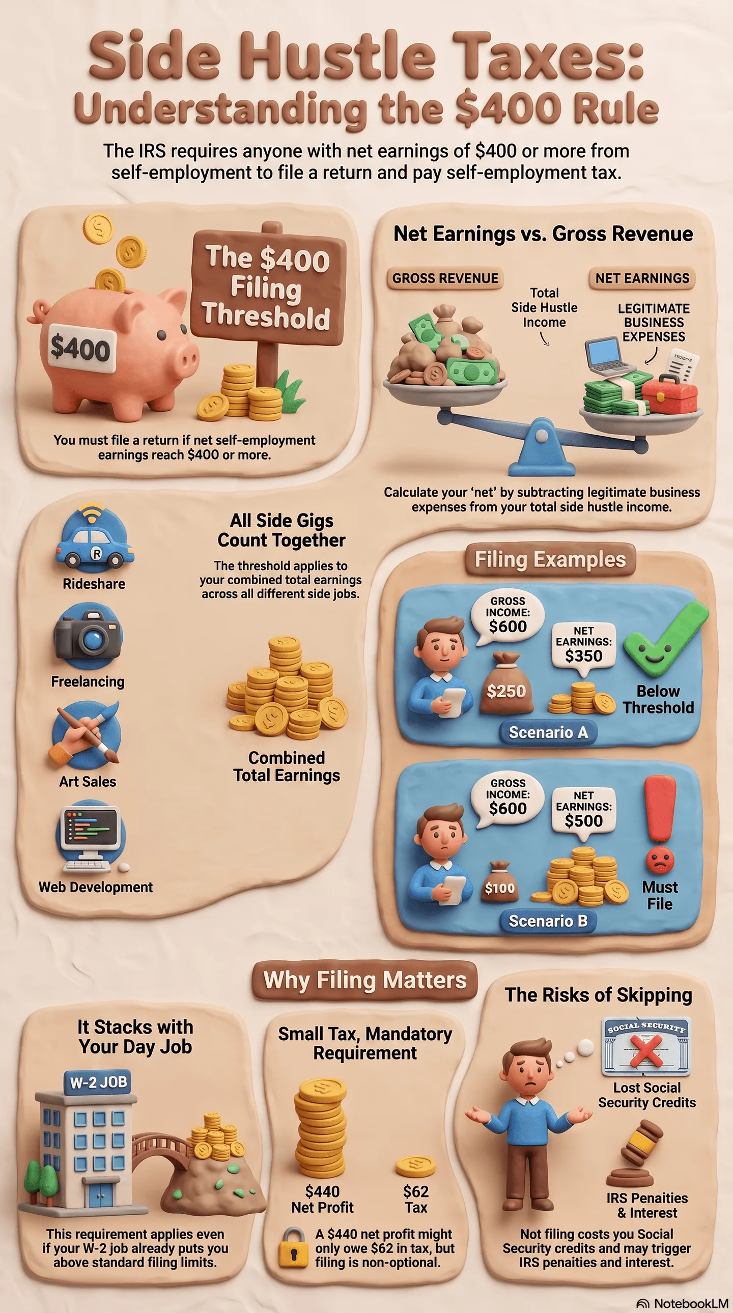 Side_Hustle_Tax_Filing_Guide A screenshot of a colorful infographic titled ‘Side Hustle Taxes: Understanding the $400 Rule’ displayed on screen within the WPS PDF editor interface. The infographic details tax obligations for side hustle earnings exceeding $400 in the US. It features a piggy bank for ‘The $400 Filing Threshold,’ a scale comparison of ‘Net Earnings vs. Gross Revenue,’ icons representing ‘All Side Gigs Count Together,’ two scenarios under ‘Filing Examples,’ and sections on ‘Why Filing Matters’ and ‘Risks of Skipping.’ Multiple PDF page thumbnails are visible at the bottom of the screen.