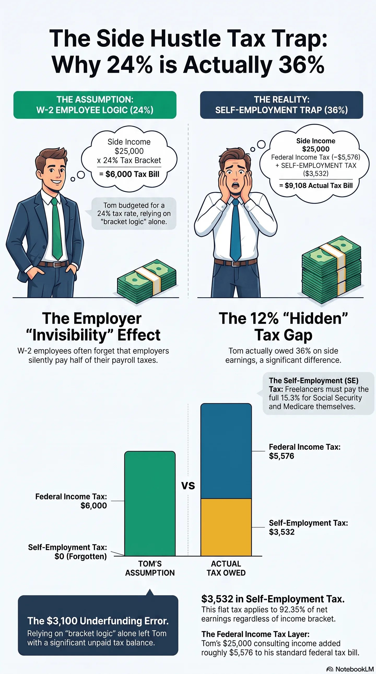 Infographic titled The Side Hustle Tax Trap: Why 24% is Actually 36%, comparing W-2 employee tax assumptions vs self-employment real tax costs, explaining hidden self-employment tax gap for side business earners
