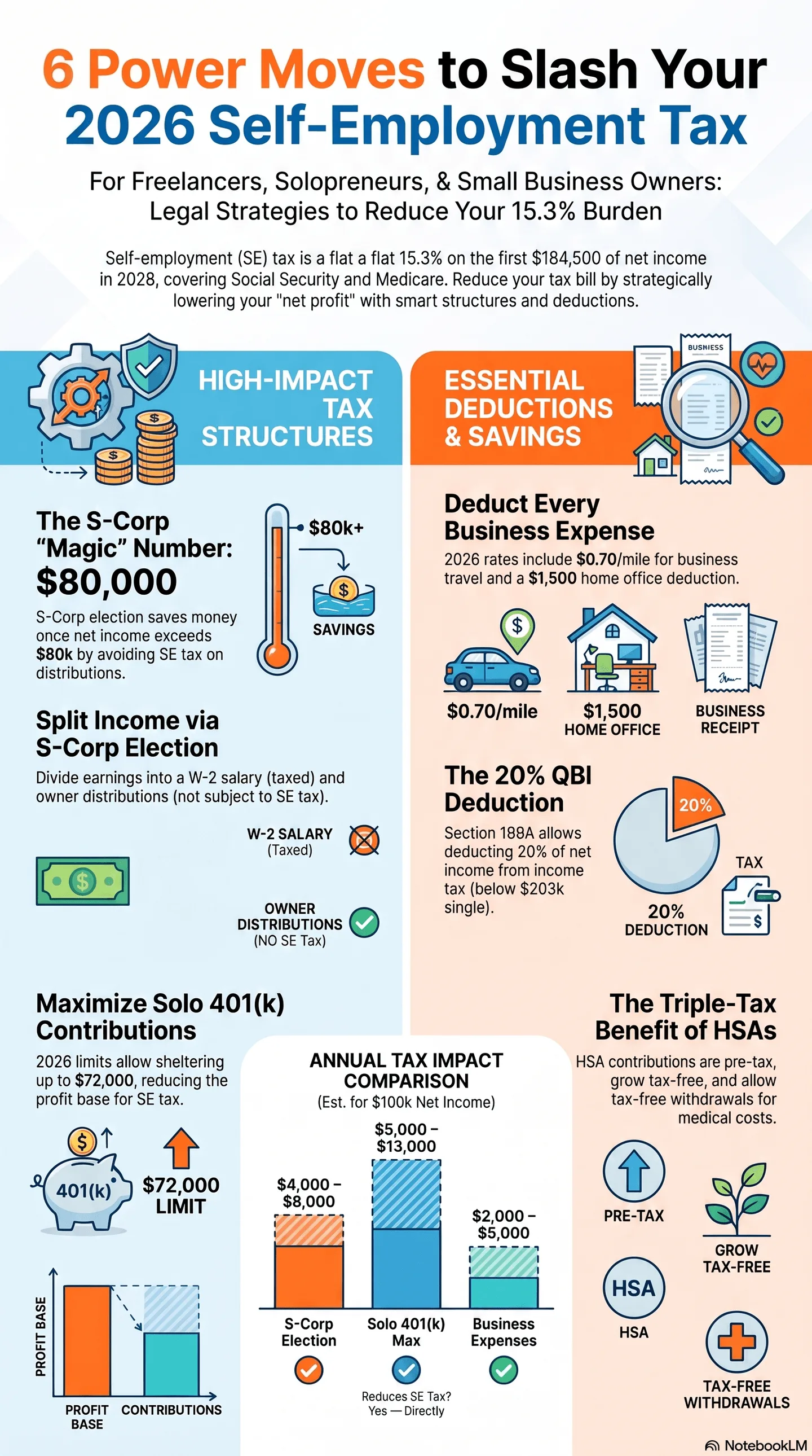 Infographic titled "6 Power Moves to Slash Your 2026 Self-Employment Tax," detailing legal strategies for freelancers and small business owners such as S-Corp elections, 20% QBI deductions, business mileage rates, Solo 401(k) contributions, and HSA benefits.