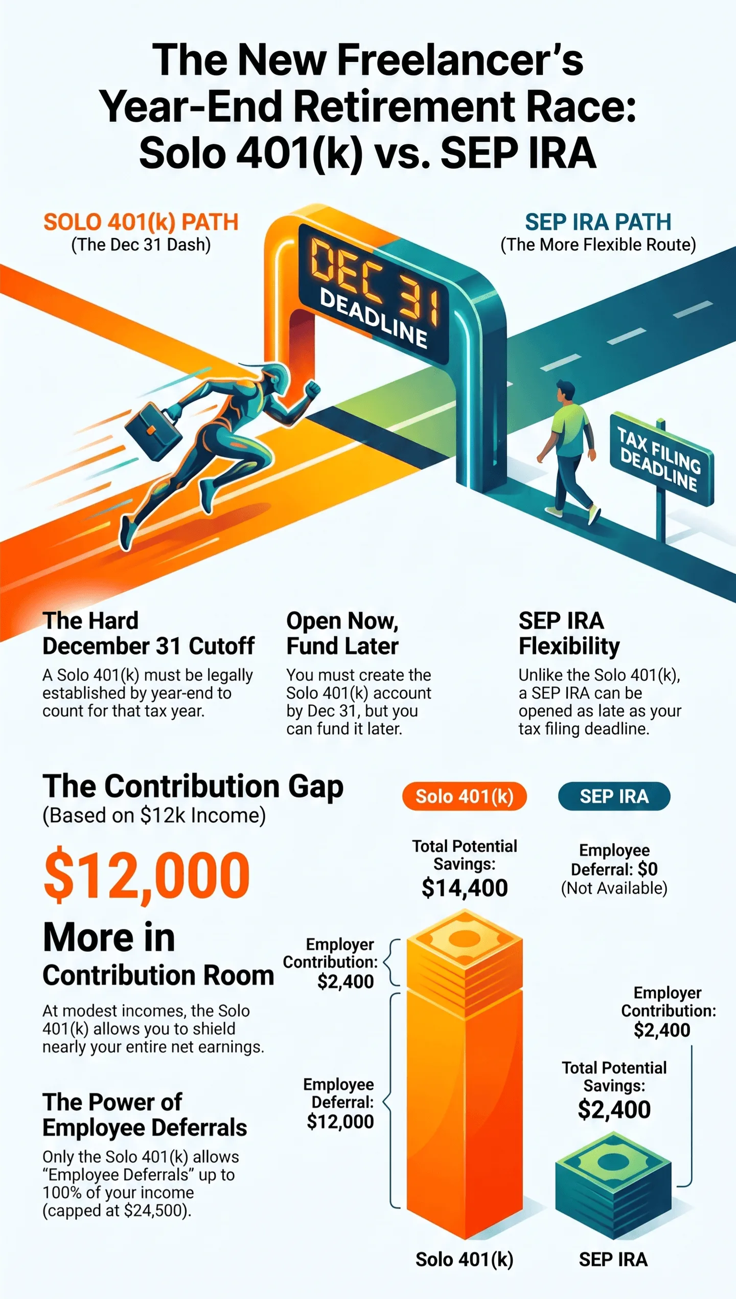 James, 34, Just Started Freelancing in October — Can He Still Open a Solo 401(k) Before Year-End? Infographic for new freelancers comparing Solo 401(k) versus SEP‑IRA year‑end retirement plans, showing December 31 deadline, contribution gap, maximum contribution amounts and route flexibility.