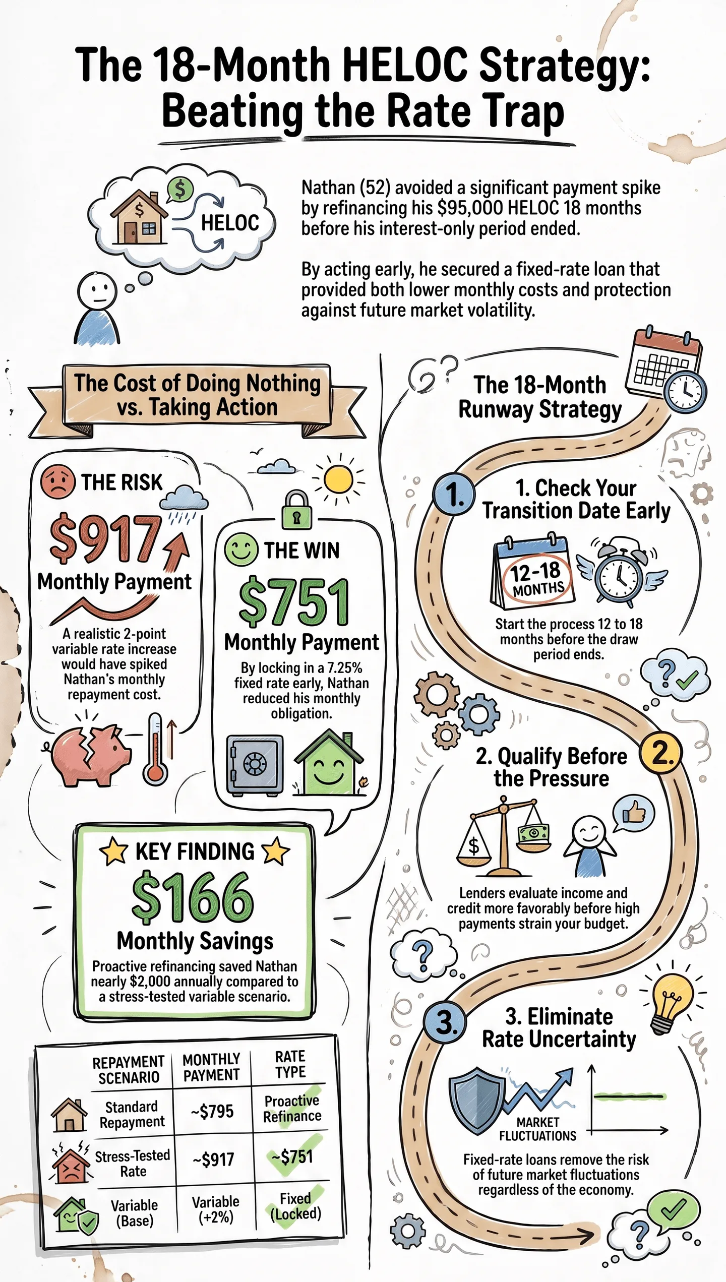 Illustrated infographic titled The 18-Month HELOC Strategy: Beating the Rate Trap, comparing monthly payment risks, savings opportunities, and a three-step runway plan for HELOC interest rate risk management