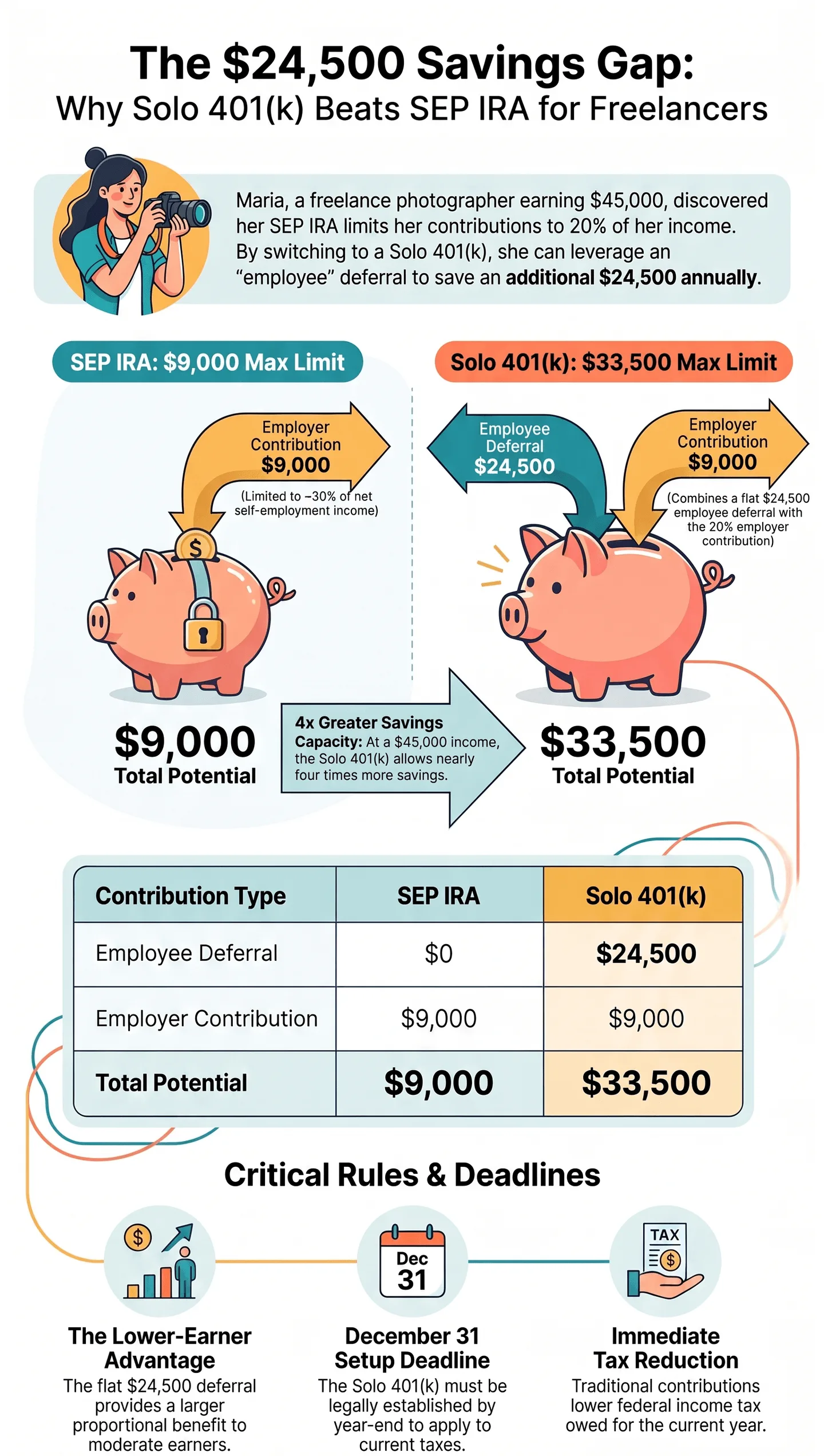 Maria, 28, Freelance Photographer Earning $45K — Why Her SEP IRA Is Leaving $24,500 on the Table Infographic illustrating the $24500 savings gap comparing SEP‑IRA vs Solo 401(k) retirement plans for freelancers and sole proprietors
