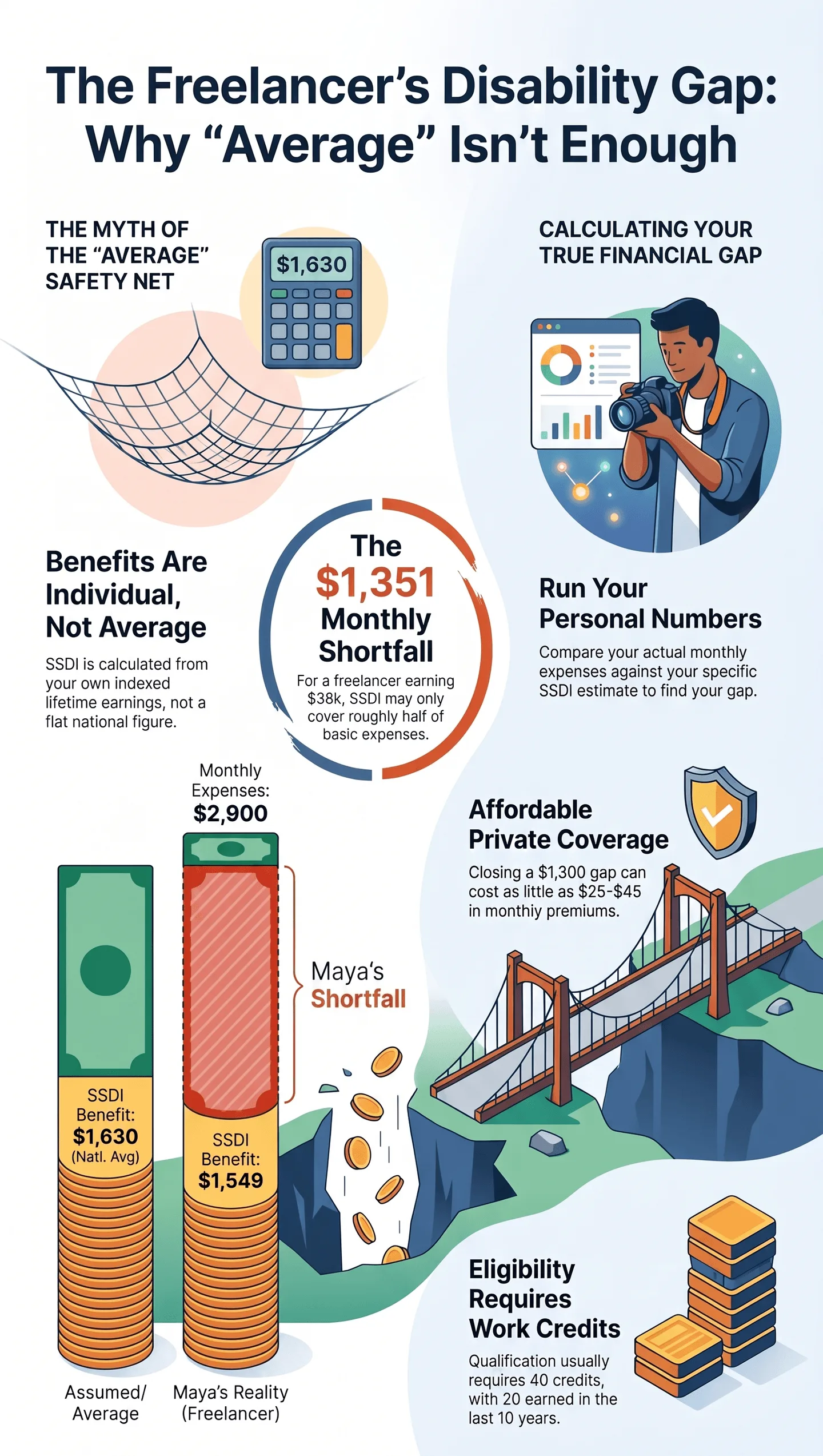 The_Freelancer_s_Disability_Gap The Freelancer's Disability Gap, highlighting the shortfall between average SSDI benefits and actual monthly expenses, work credit requirements, and private disability insurance solutions.
