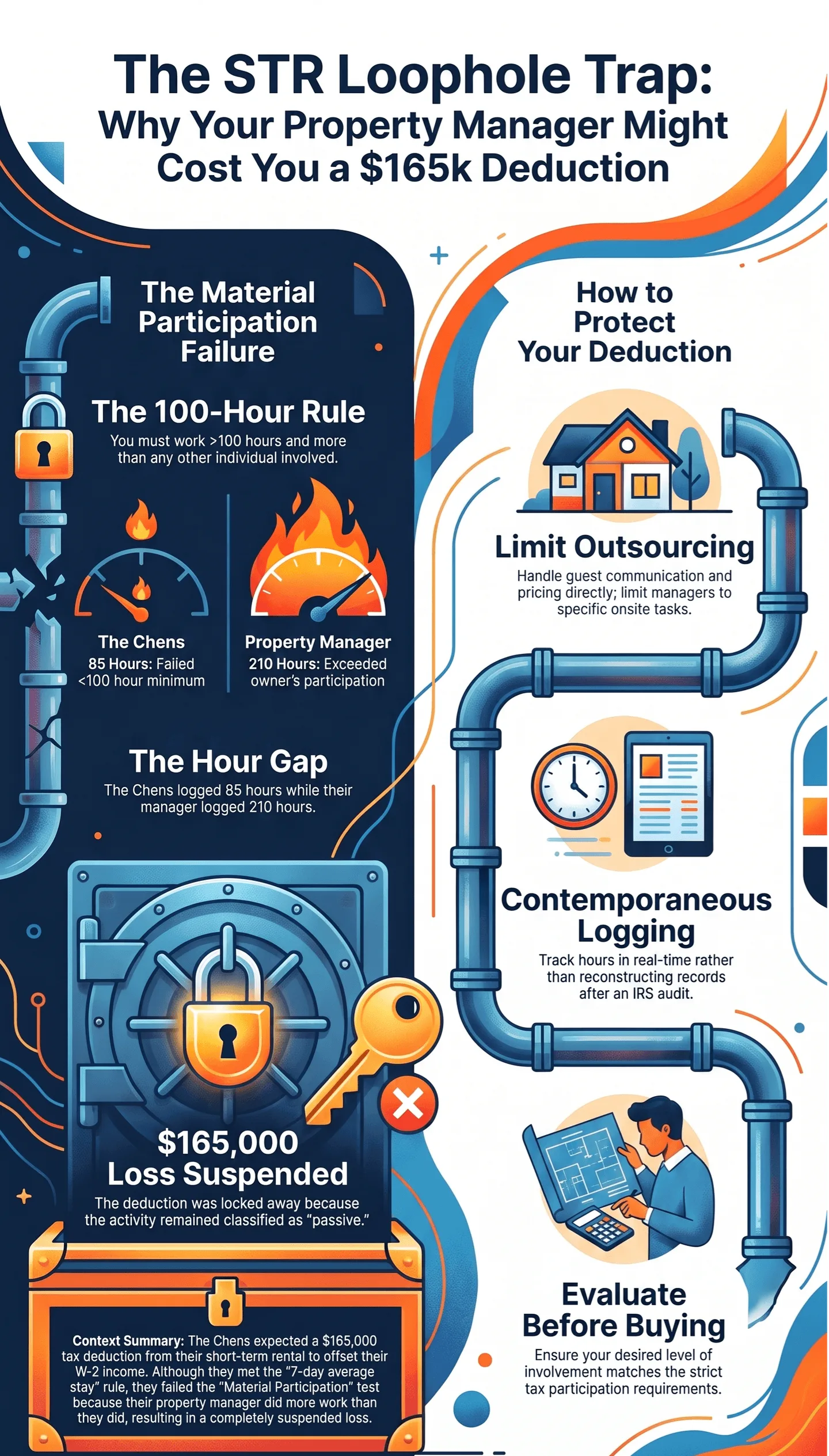 The Chens, Property Managers Handle Everything — Why Their STR Loophole Claim Got Rejected Infographic about the STR loophole tax trap, explaining the 100‑hour material participation rule, hour gap risk, suspended $165000 tax loss, and tips to protect rental property tax deductions including limiting outsourcing and contemporaneous logging.