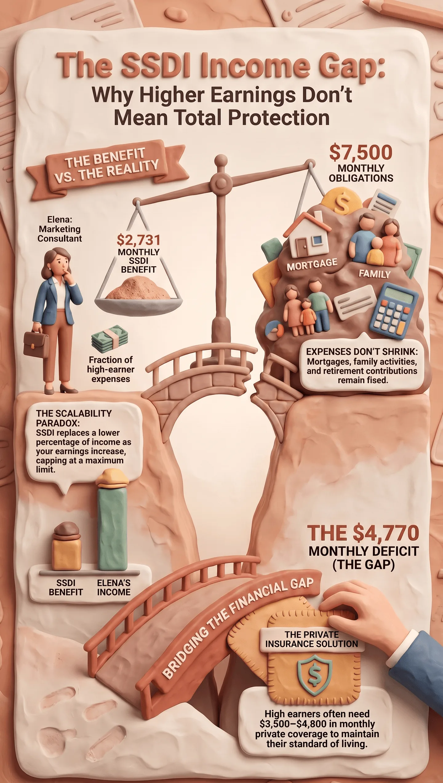 The SSDI Income Gap, illustrating the shortfall between high earner expenses ($7,500/mo) and SSDI maximum benefits ($2,731/mo), resulting in a $4,770 monthly deficit and private insurance solutions.